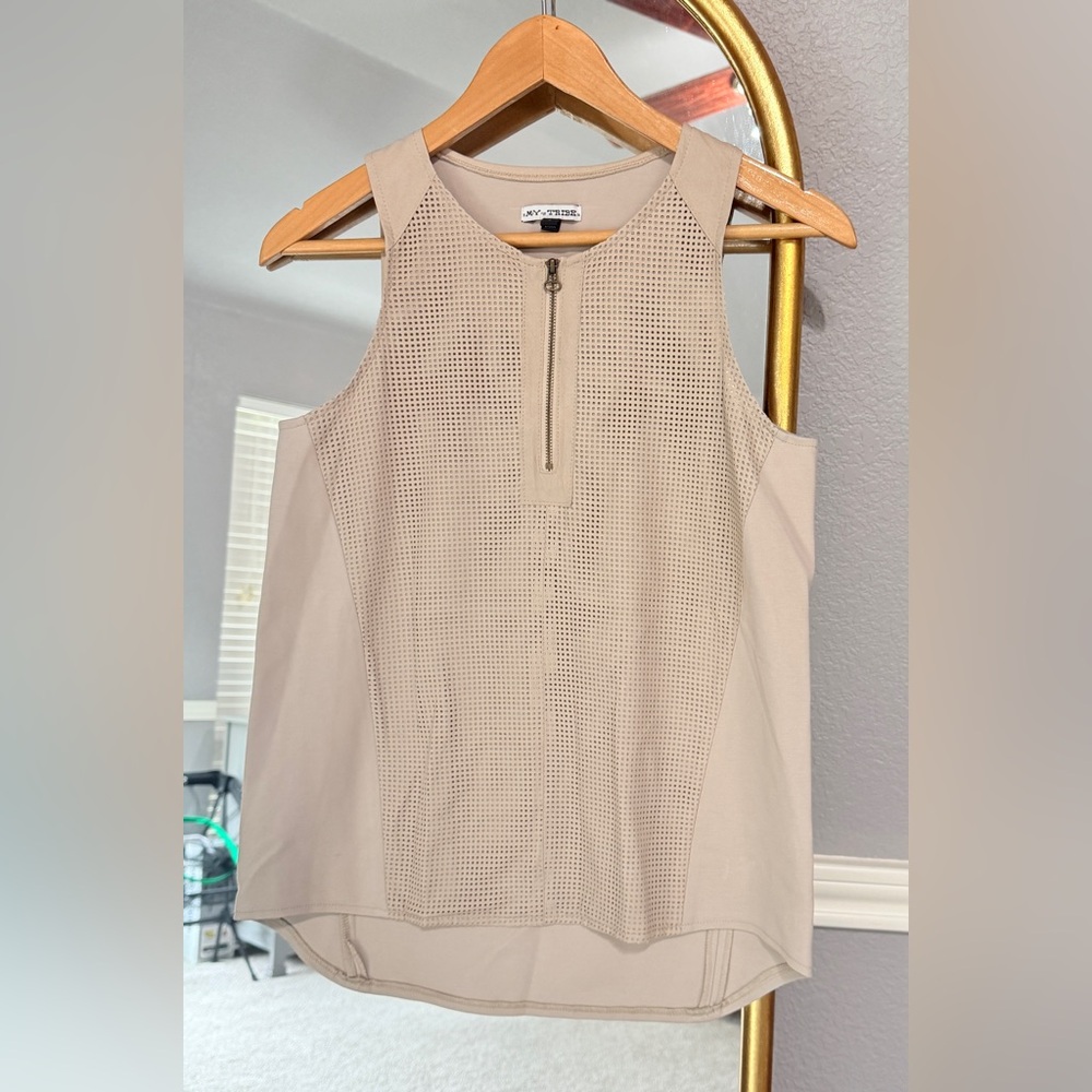 My Tribe Perforated Yoke Genuine Leather Detail Mesh Zipper front Trim Tank